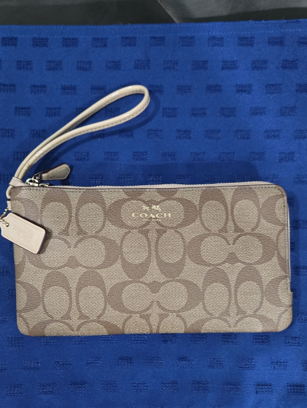 Coach Double Zip Signature Canvas Wristlet in Beige and Brown